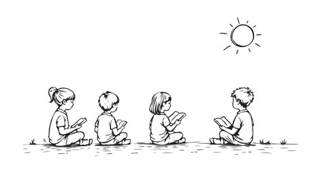 Kids reading books together. Sun shines above grass. Educational material learning concept. Line art monochrome vector illustration.のイラスト素材