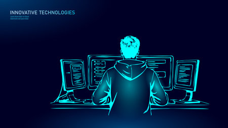 Developer works computers. Back view programmer coding. IT business software development. Black lines drawing white vector illustrationのイラスト素材