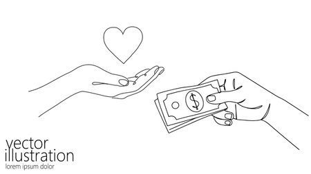 Hand offers money and heart symbol. Ideal charity donation investment concept or life balance working live. Minimalist line drawing white background vector illustrationのイラスト素材