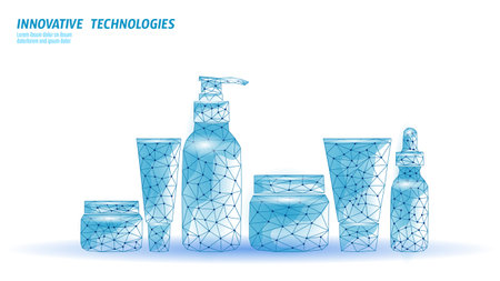 Polygonal cosmetics product line illustration. Contains cream, lotion, serum, and other beauty containers. Skincare, beauty tech, and online shop. Low poly, digital art, blue backgroundのイラスト素材