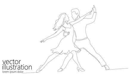 Continuous line drawing couple dancing. Woman wears dress man wears pants. Dance studio events wedding invitations cards. Minimalist style line art front view on white backgroundのイラスト素材