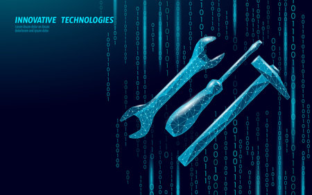 Tools concept low poly design. Polygonal wrench screwdriver hammer engineering construction industry. Repair maintenance service mechanical work. Blue dark background vector illustrationのイラスト素材