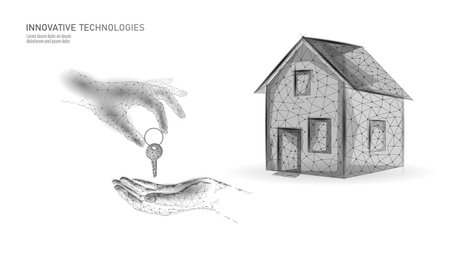 House key transfer concept. Low poly home ownership property buying. Real estate investment mortgage rental sales. Polygonal digital background vectorのイラスト素材