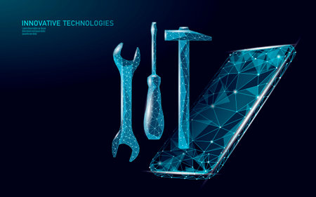 Digital tools smartphone concept. Low poly maintenance engineering construction repair. Technology service support innovation app. Blue geometric dark background vector.のイラスト素材