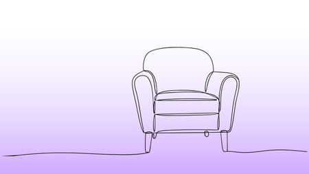 One line armchair illustration. Continuous line drawing minimalist seat design. Home decor furniture interior design relaxation. Gradient purple background line art vector.のイラスト素材