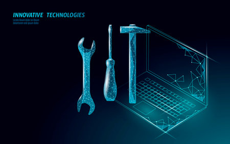 Digital tools repairs laptop concept. Repair service automation hardware wireframe engineering artistic presentation. Technology IT service maintenance fixing. Polygonal futuristic blue background vector illustrationのイラスト素材