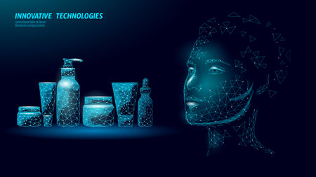 Cosmetics set with woman low poly face. Beauty product skincare treatment polygonal design. Beauty health wellness dermatology spa. Abstract dark blue background blue vectorのイラスト素材