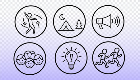 Line icon set school summer camp hiking concept. Outdoor education children teamwork adventure minimal style. Posters stroke transparent grid background vector illustration.のイラスト素材