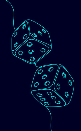 Two dice one line drawing. Continuous line cubes chance risk gambling art. Casino games luck probability fun. Minimalist style dark blue background vectorのイラスト素材