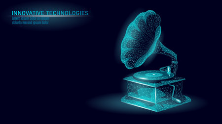 Phonograph low poly digital illustration. Gramophone polygonal rendering technology art. Music entertainment sound record. Dark blue background wireframe vectorのイラスト素材