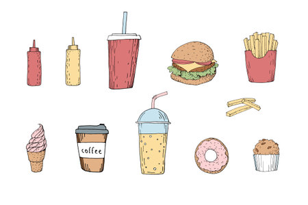 Tasty food icons illustration. Delicious fast food line doodle sketch milkshake fries ice-cream coffee. Restaurant cafe menu delivery blog design. Isolated on white vector graphicのイラスト素材