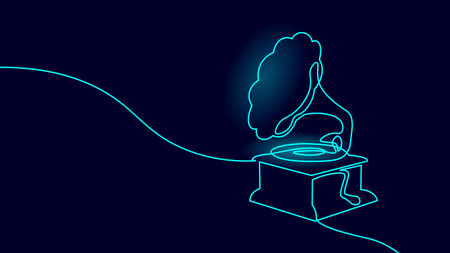 Gramophone one line drawing design. Continuous contour record player vintage style. Retro audio music entertainment business. Dark backdrop neon color vectorのイラスト素材