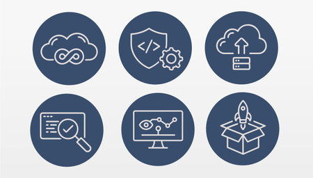 Cloud technology solution icon set. Outline icons showcase data storage security development monitoring startup. Business technology data web development. Dark blue background white line vectorのイラスト素材