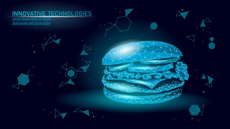 Burger icon representation. Polygonal hamburger graphic innovative depiction. Food restaurant economics finance business. Dark blue background neon blue vectorのイラスト素材