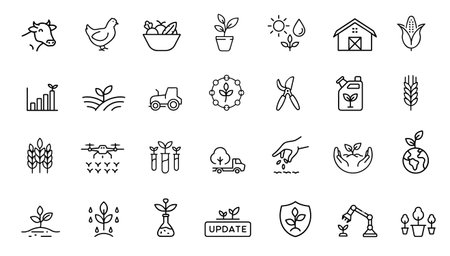 Agriculture icon set illustration. Farm life cultivation symbols depict agriculture farming. Agriculture business organic food landscaping gardening. Simple outline light backgroundの写真素材