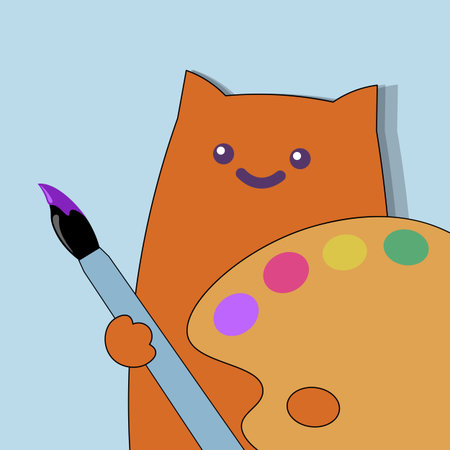 Cartoon cat artist illustration. Cute feline painter holds palette paint brush design. Art education creative arts crafts projects. Flat style light blue background vectorのイラスト素材