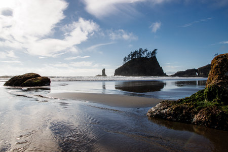 La Push beach in Washington with a giant rock in the seaの写真素材