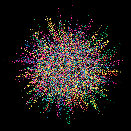 Abstract Multicolor explosion on dark background. Color powder banner on black background. Colored cloud. Colorful dust explode. Vector illustration.のイラスト素材