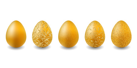 Set of Easter Eggs. Gold Easter Eggs for greeting card, ad, promotion, poster, flyer, web-banner. Golden eggs isolated on white background. Vector illustration.のイラスト素材