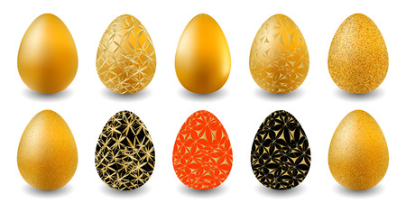 Set of Easter Eggs. Gold, black and red Easter Eggs for greeting card, ad, promotion, poster, flyer, web-banner. Golden eggs isolated on white background. Vector illustration.のイラスト素材