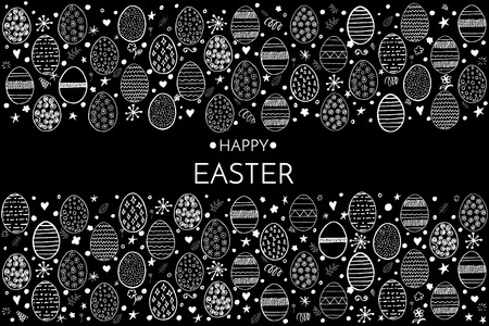 Happy Easter greeting card. Hand drawing eggs, stars, flowers and circles isolated on black background. Vector illustration.のイラスト素材
