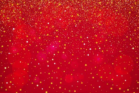 Falling stars and gold particles on red background. Lights Shine effect for your design. Falling particles for greeting card, invitation. Vector illustration.のイラスト素材