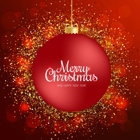 Merry Christmas greeting card. Merry Christmas and happy New Year phrase and red Christmas ball on red festive background. Vector illustration.のイラスト素材