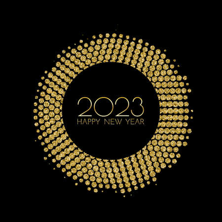 New Year 2023 greeting card. 2023 golden New Year sign and golden sparkles on dark background. Vector illustration of happy new year 2023.のイラスト素材