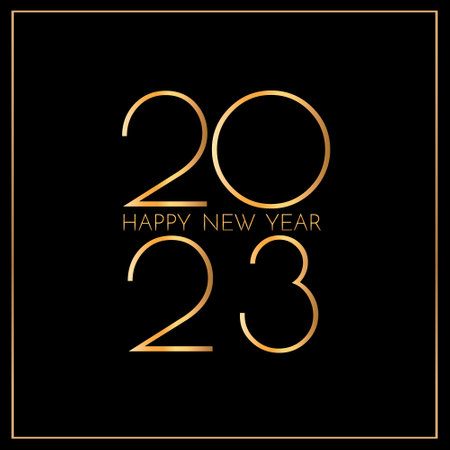 New Year 2023 greeting card. 2023 golden New Year sign on dark background. Vector illustration of...