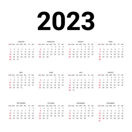 Calendar 2023 template. Tradicional calendar. Calendar starts sunday. Vector illustration.