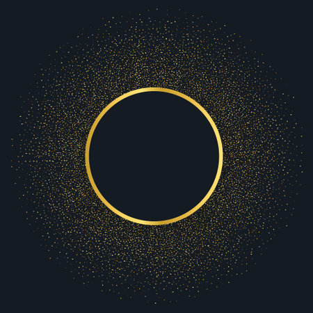 Gold frame, glitter and round place for your text on dark background. For flyer design, holiday greeting card, invitation. Vector illustrationのイラスト素材