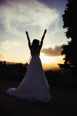 silhouette of bride in a landscape, with arms in the  airの写真素材
