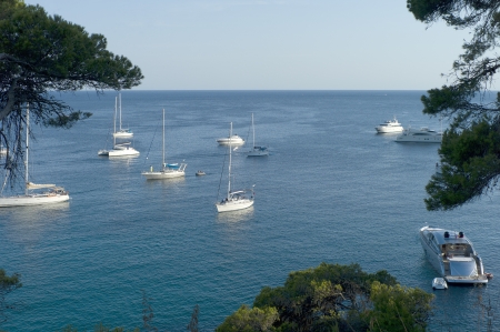 Sailboats anchored in Cala Galdana, Menorca  You can see some pine trees  の写真素材