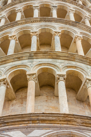 The Leaning Tower of Pisa is freestanding bell tower of the cathedral of the city of Pisa, Tuscany, Italy. It is known by its unintended tilt.の写真素材