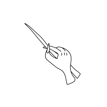 One simple terrible witch hand with magic wand for halloween.Scary illustration of hand drawn with a black line doodle style.Design for packaging,card,web,social networks,print,backgrounds,.のイラスト素材