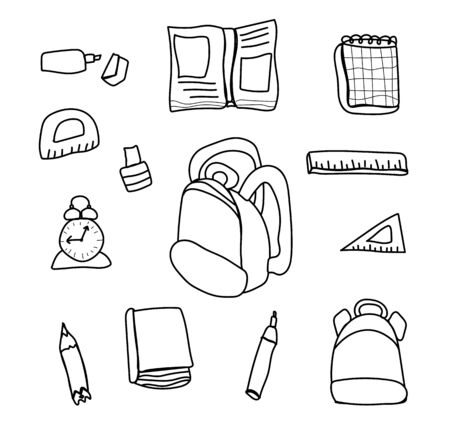 Vector set with office for knowledge day.Clip art consisting of backpack, marker,notebook,ruler,alarm clock,pencil,booksin the doodle style.Design for banner,social networks,web,posters.のイラスト素材