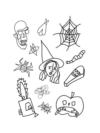 Vector set halloween.Clip art illustrations by the black line doodle hand drawn.Scary skull, coffin,witch,strange signs,insects,chainsaw.Design for invitations,web, social media,packings,coloring.のイラスト素材