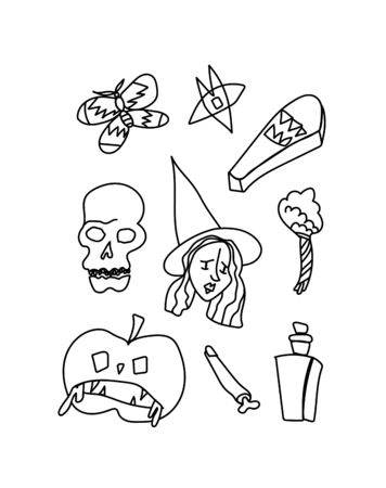Vector set halloween.Clip art illustrations by the black line doodle hand drawn.Scary witch,chopped finger,skull,scent,butterfly,herbs.Design for invitations,web,packings,social media.のイラスト素材