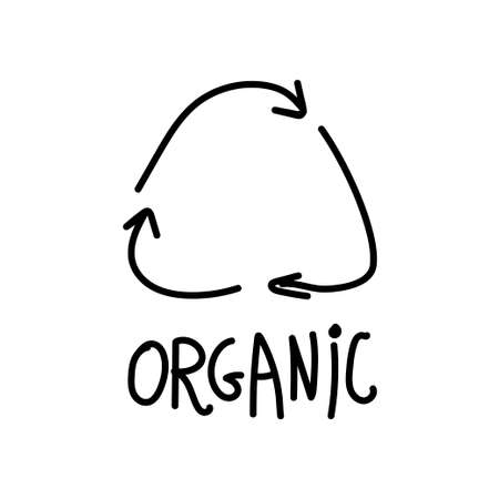 Vector single recycling sign. Ecological illustration doodle black line on a white isolated background. Design for social media, web, cards, textiles, wrapping paper, packaging, prints, coloring.のイラスト素材