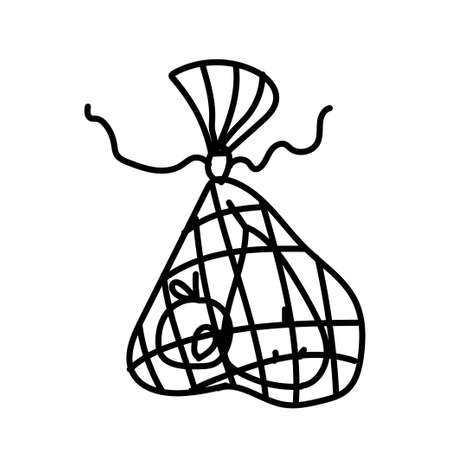 Vector single eco bag with vegetables. Ecological illustration doodle black line on a white isolated background. Design for social media, web,cards,textiles,wrapping paper, packaging,prints,coloring.のイラスト素材