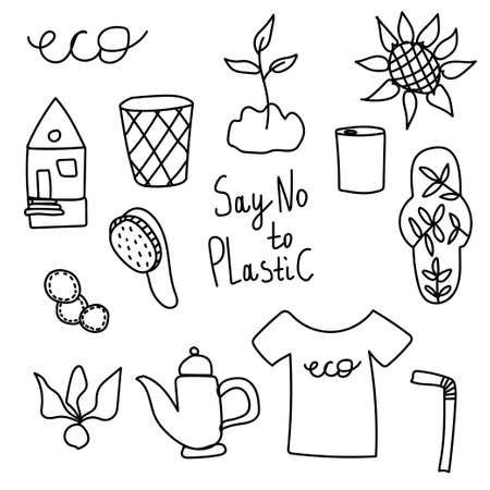 Set of vector ecology of elements. Lettering wooden brush,eco,home,eco women 's gasket,metal can,rock,garbage urn, sunflower,kettle,radish,say no plastic,T-shirt, fruit and vegetable bag doodle.のイラスト素材