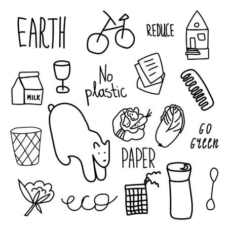 Set of vector ecology of elements. Lettering earth, no plastic, go green, reduce, eco, paper, Chinese cabbage, bicycle, milk packaging,  settlement, house, polar bear doodle.のイラスト素材