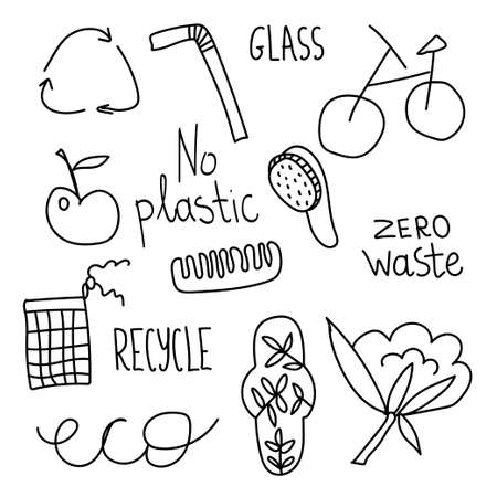 Set of vector ecology of elements. Lettering recycle,glass,no plastic, wooden rash,metal tube,zero waste,eco,apple,organic sponge,cotton,plug,women 's gasket, fruit and vegetable bag,bicycle doodle.のイラスト素材