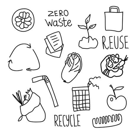 Set of vector ecology of elements. Lettering,reuse,zero waste,recycle,apple,paper, newspaper,cotton,eco bag for fruits and vegetables,beijing cabbage,bag,metal tube,food tools,wooden brush doodle.のイラスト素材