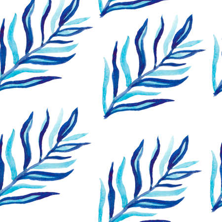 Watercolor seamless pattern with classic blue palm leaves. Print with tropical elements in color on white isolated background hand drawn. Design for textiles, wallpaper, wrapping paper.の写真素材