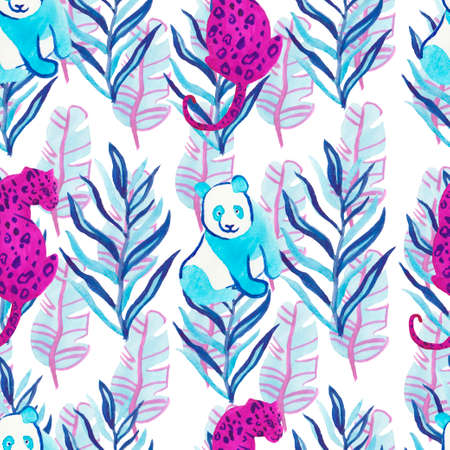 Watercolor seamless panda pattern, leopard and banana leaf.Print in unusual shades of hand drawn.Design for social media,packaging,banners,cards,wrapping paper,textiles,wallpaper.の写真素材