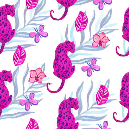 Watercolor seamless pattern with palm leaves,orchids and leopard. Print in unusual shades of hand drawn. Design for social media, packaging, banners, cards, wrapping paper, textiles, wallpaper.の写真素材