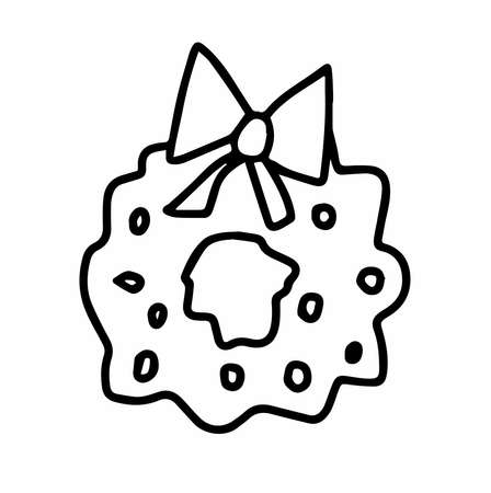 Vector illustration a gift for New year, Christmas wreath.Scandinavian style.Doodle black sketch line illustration.Design for backgrounds, web and coloring.のイラスト素材