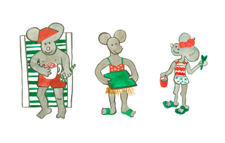 Watercolor family of mice. An illustration of a tropical Christmas holiday in the red and green shades.の写真素材