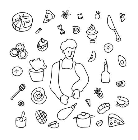 Vector set by a cooking boy. Clip art food illustrations with pie, cake, shrimp salad, bun, ravioli, spaghetti, fruit and vegetables, knife, olive oil, avocado.Design for menu, advertising and web. のイラスト素材